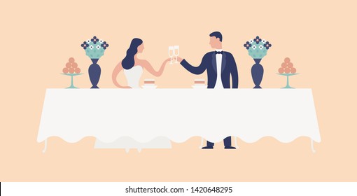 Bride and groom sitting at wedding feast table, clinking glasses and drinking champagne. Cute newlyweds celebrating marriage at restaurant. Funny romantic couple. Flat cartoon vector illustration.