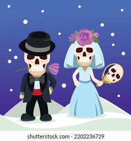  bride and groom skull getting married in halloween in the snowing background, trick or treating cartoon character, vector