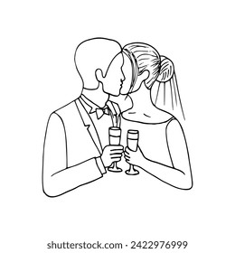 bride and groom stand kissing and holding glasses of champagne. hand drawn drawing of newlyweds kissing