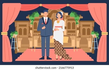 Bride and groom stand on the wedding stage in traditional international mixing dress, flat vector character, red curtain and wood stage