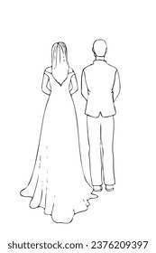 the bride and groom stand side by side at full height with their backs to the viewer. wedding linear illustration in doodle style