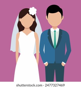 Bride and groom stand together on a purple background