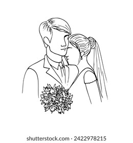 bride and groom stand very close to each other and hold a bouquet of flowers. hand drawn drawing of newlyweds