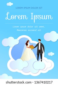 Bride and Groom Standing Face to Face on White Clouds at Blue Sky Background. Invitation Template, Greeting Card. Wedding Ceremony. Bridal Fashion. Cartoon Flat Vector Illustration. Vertical Banner.
