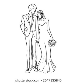 bride and groom standing next to each other holding hands, woman resting her head on her lover's shoulder in her hand is a wedding bouquet - hand drawn outline drawing