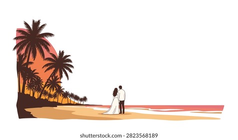 Bride and groom standing on sandy beach near palm trees looking at ocean during sunset for wedding celebration or romantic honeymoon getaway experience.
