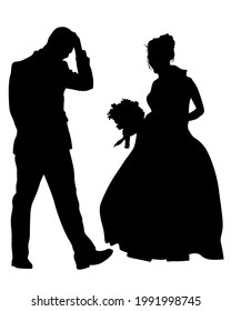 Bride and groom are standing side by side. Isolated silhouettes on white background