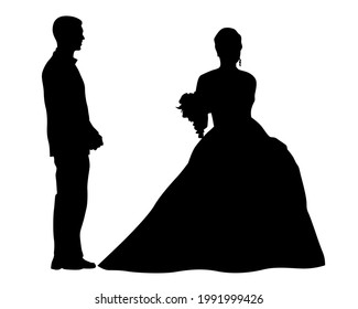 Bride and groom are standing side by side. Isolated silhouettes on white background