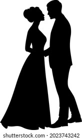 the bride and groom are standing side by side, black and white silhouettes