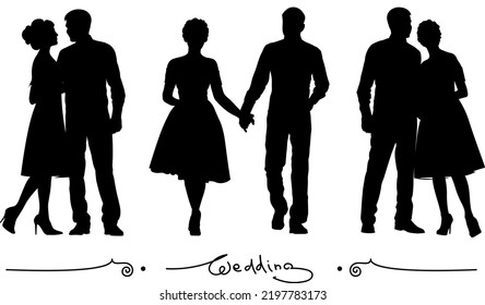 the bride and groom are standing side by side, black and white silhouettes