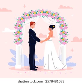 Bride and groom standing under a floral arch, holding hands, on a pastel background. Romantic outdoor ceremony scene. Vector illustration