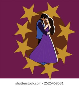 bride and groom with stars. illustration of a romantic couple full of love. Wedding invitation card the bride and groom cute couple dance pose