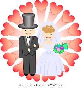 bride and groom surrounded by hearts on the background radiation