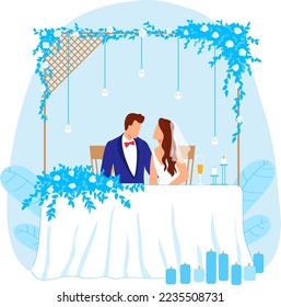 Bride and groom table, wedding celebration design, vector illustration. Romantic decoration for love marrige event. Happy flat married people