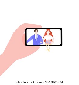 The bride and groom take a selfie, a vector graphics