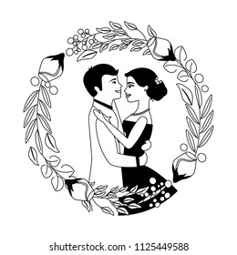 bride and groom their first dance wedding day on frame flowers portrait