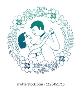 bride and groom their first dance wedding day on frame flowers portrait