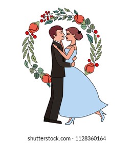bride and groom and their first dance wedding day wreath flowers