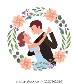 bride and groom their first dance wedding day on frame flowers portrait