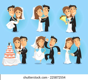 Bride and Groom at their Wedding Party, in happy moments of the most important night vector illustration.