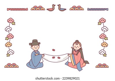 The bride and groom at a traditional Korean wedding reception. invitation card design.