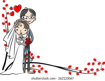 bride and groom with tree in the border vector 
