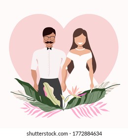 Bride and groom tropical heart clip-art. Hand-drawn vector illustration of a love couple. Wedding and anniversary concept. 