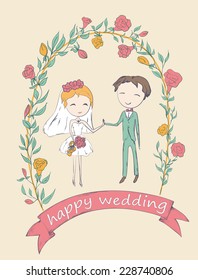  Bride and groom under flower arch. Wedding hand drawn card. Vector illustration.