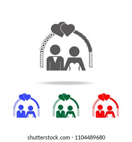 the bride and groom under the wedding arch icons. Elements of wedding in multi colored icons. Premium quality graphic design icon. Simple icon for websites, web design, mobile app
