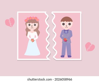 Bride and groom unhappy.Divorcement or disengagement.Divorce and conflict concept.Break up of relationship.Family or couple problem.Sign, symbol, icon or logo isolated.Cartoon vector illustration.