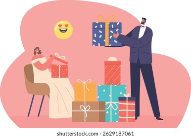 Bride groom unpacking gift boxes