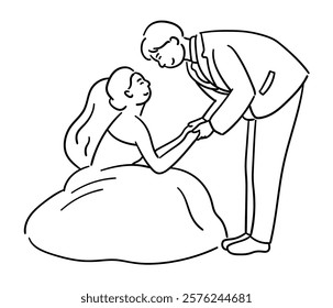 Bride and groom vector, the groom is bending down, looking into the bride's eyes as she sits, the couple is smiling at each other in a cute way