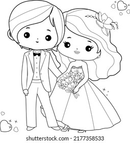 Bride and groom. Vector black and white coloring page.