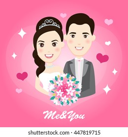 bride and groom vector character on pink heart background