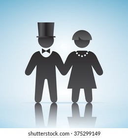Bride and groom vector icon. Man and woman holding hands on a blue background. Lady and Gentleman in the elegant clothing.