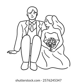 Bride and groom, vector illustration of the bride and groom sitting, looking ahead