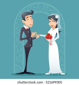 Bride Groom Vintage Happy Smiling Male Female Icon Retro Cartoon Design Vector Illustration