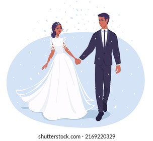 Bride and groom walk holding hands. Wedding romantic vector illustration.