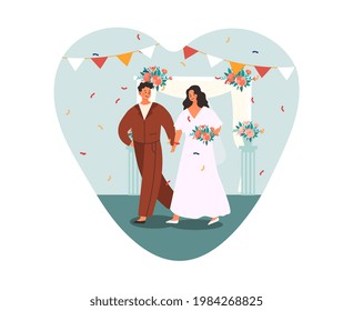 Novia y novio caminan a la ceremonia de boda. El hombre conduce a su prometida a mano al altar de la iglesia. El vestíbulo está decorado con flores. Dibujo plano de ilustración vectorial diseño de corazón en forma aislado sobre fondo blanco.