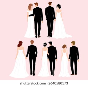bride and groom walk to wedding together, wedding dress, walking and hand in hand, marriage couple, man and woman relationship, love and romance, wedding ceremony illustration