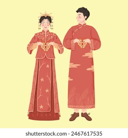 The bride and groom wear Chinese wedding dresses for the wedding