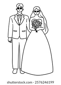 Bride and groom are wearing sunglasses, looking cool vector illustration