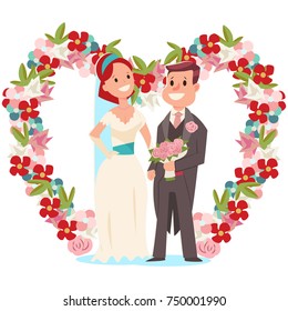 Bride and groom and a wedding arch with flowers in the shape of a heart. Vector cartoon illustration of a couple of newlyweds with a bridal bouquet isolated on white background.