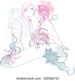 Bride and Groom. Wedding Background with different elements, vector