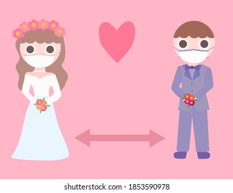 Bride and groom with wedding bouquet.Coronavirus outbreak vector concept.Self quarantine and social distancing concept.