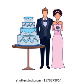 bride and groom and wedding cake over white background, vector illustration