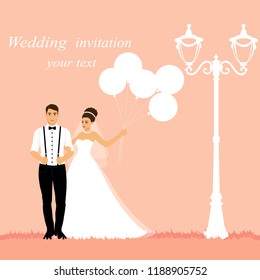 Bride and groom. Wedding card with the newlyweds with balloons. Also suitable for invitation card. Vector illustration.