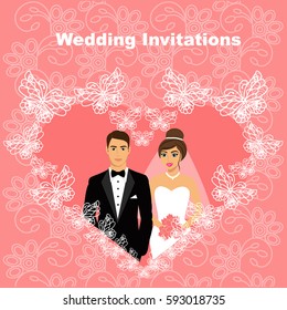 Bride and groom. Wedding card with the newlyweds in the heart of butterflies, on the background with ornament. Wedding invitation. Vector illustration.
