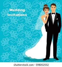 Bride and groom. Wedding card with the newlyweds on the background with ornament. Wedding invitation. Vector illustration.