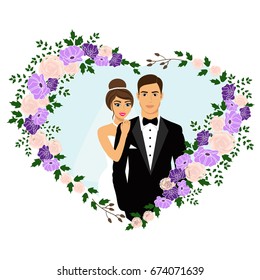 Bride and groom. Wedding card with the newlyweds in the heart of flowers. Wedding invitation. Vector illustration.